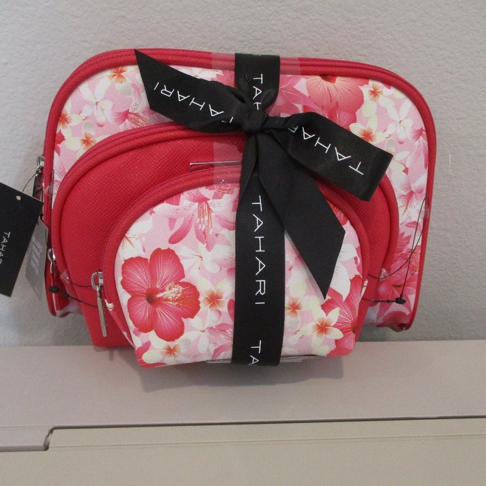 NWT TAHARI cosmetic bag 3-pc Travel dome organizer makeup bag set PINK + Bottle